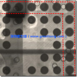 BGA錫球尺寸小于0.4mm，采用降低BGA內(nèi)圍襲球的錫膏量所得到X-Ray，稍微留意一下可以發(fā)現(xiàn)最外圈的錫量(圓的直徑)比其他內(nèi)圍的錫球上的錫量來(lái)得多一點(diǎn)點(diǎn)。也就是外圈的黑色圓形直徑比內(nèi)圈的圓形來(lái)得大一點(diǎn)點(diǎn)。