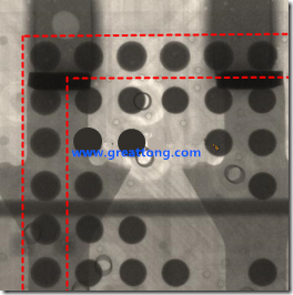 BGA錫球尺寸小于0.4mm，采用降低BGA內(nèi)圍襲球的錫膏量所得到X-Ray，稍微留意一下可以發(fā)現(xiàn)最外圈的錫量(圓的直徑)比其他內(nèi)圍的錫球上的錫量來(lái)得多一點(diǎn)點(diǎn)。也就是外圈的黑色圓形直徑比內(nèi)圈的圓形來(lái)得大一點(diǎn)點(diǎn)。