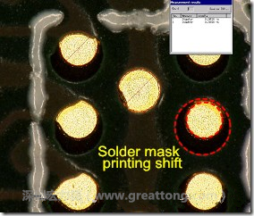 電路板BGA下面的防焊層印刷偏移，造成焊墊大小不一致。