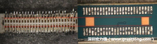 把板對(duì)板連接器與其電路板的佈線焊墊作一個(gè)比較，端子的切斷面有毛邊的地方剛好對(duì)到了裸銅區(qū)。