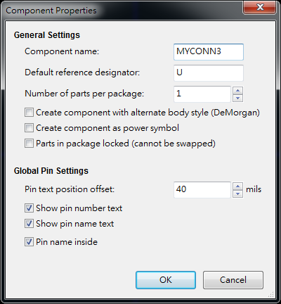 按下工具  "Create a new component"， 出現(xiàn)底下畫(huà)面， 按下OK后， 產(chǎn)生MYCONN3/U? 文字重迭在一在， 把它們分開(kāi)(用mouse選擇并按下"M"， 即可移動(dòng))