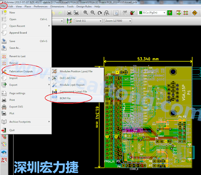 在Kicad的PCB Editor, 點(diǎn)選 File->Fabrication Outputs->BOM File, 即可產(chǎn)生一個 .csv 的Excel 檔案。